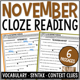 November Cloze Reading Passages Thanksgiving Vocabulary, S