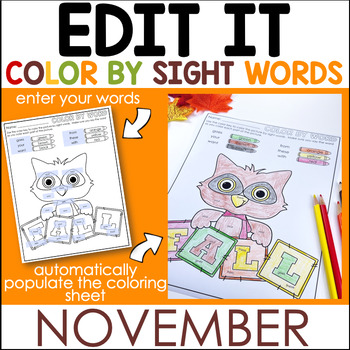 Preview of November Color By Sight Word - Editable Printables- Autumn and Thanksgiving