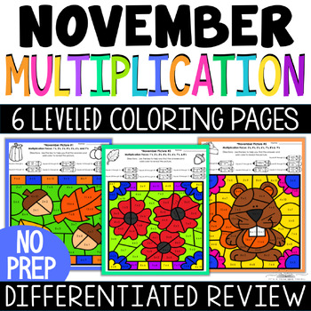 Preview of November Coloring Pages & Veteran's Day - Color By Number Multiplication Facts