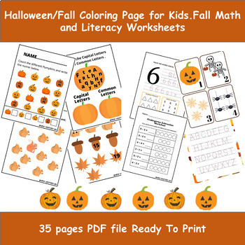 Preview of November Coloring Sheets for Kids | November Fall Math and Literacy Worksheets