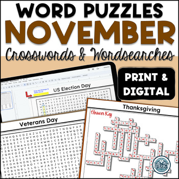 Preview of November Crossword Puzzles & Word Search - Print & Digital Resources - MS/HS