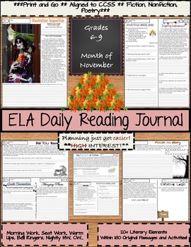 Preview of ELA Daily Reading Journal - November - Bell Ringers Morning Work