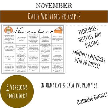 Preview of November Daily Writing Prompts |Print & Digital | Info & Creative|