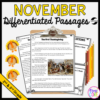 Preview of November Differentiated Reading Comprehension Lexile Passages - 2nd & 3rd Grade
