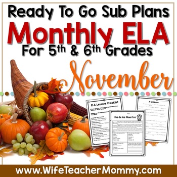 Preview of November ELA Sub Plans for 5th & 6th Grades | Thanksgiving No Prep