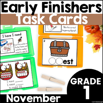 Preview of November Early Finisher Activity Phonics and Math Task Card Boxes for 1st Grade