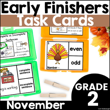 Preview of November Early Finisher Phonics and Math Activity Task Card Boxes for 2nd Grade