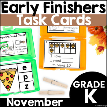 Preview of November Early Finisher Phonics & Math Activity Task Card Boxes for Kindergarten