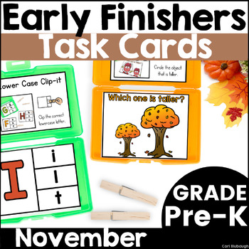 Preview of November Early Finisher Phonics and Math Activity Task Card Boxes for Pre-K