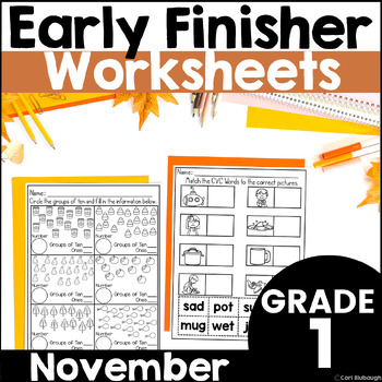 Preview of November Fall Phonics and Math Early Finishers Worksheets Packet for 1st Grade