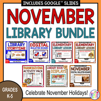 Preview of November Elementary Library Bundle - Thanksgiving - Veterans Day - Election Day