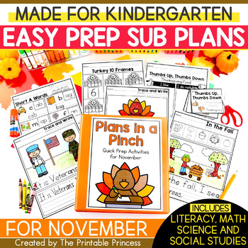 Preview of November Emergency Sub Plans for Kindergarten