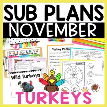 Preview of November Emergency Sub Plans for Kindergarten or First Grade - Turkey Themed