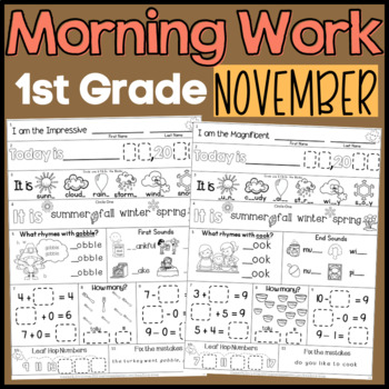 Preview of November Morning Work First Grade Math and ELA Digital and PDF