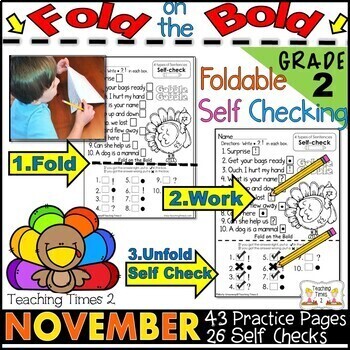 Preview of November FOLD ON THE BOLD (2nd Grade) Self Checking Math and Literacy Packet