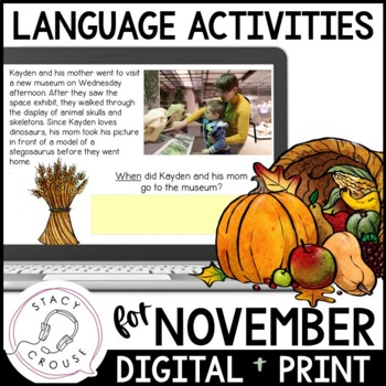 Preview of November Fall Language Activities Speech Therapy Printable Worksheets + Digital
