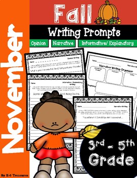 Preview of November Fall Writing Prompts: Opinion, Narrative, Informative | 3rd -5th Grade