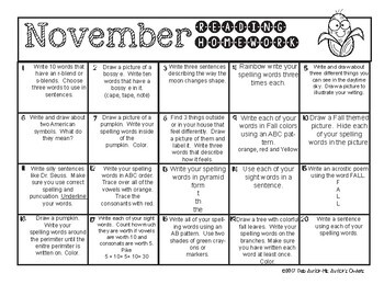 November First Grade Homework Choice Menus by Ms Avrick's Owlets