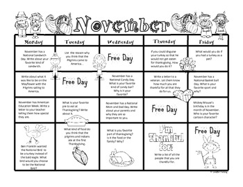 November First Grade Writing Prompts and Journal Pages (Common Core ...