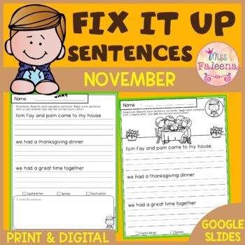 November Fix it Up Sentences | Print & Digital | Google Slides by Miss ...
