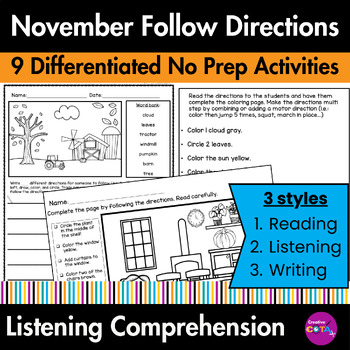 Preview of Following Directions & Listening Comprehension Skills November Coloring Pages