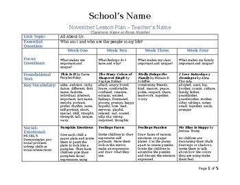 Preview of Prekindergarten - November Full Month Lesson Plan - NYS Common Core