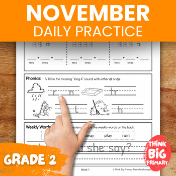 Preview of November Second Grade Spiral Math & Phonics Daily Practice