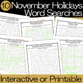 November Holidays Word Searches - Easy/Med Level