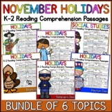 November Holidays K-2 Reading Comprehension Passages Bundle