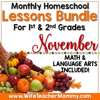 Preview of November Homeschool Lessons 1st and 2nd Grade Math & Language Arts Mini Bundle