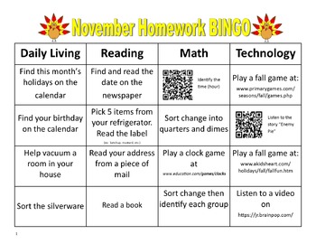 Preview of November Homework BINGO with QR Codes