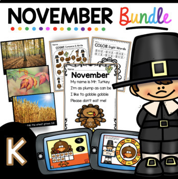 Preview of November KINDERGARTEN BUNDLE - Fall Math Reading Writing Boom Cards and more!