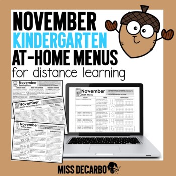 Preview of November Kindergarten Choice Board Activities-Math, Writing, Reading Home Menu