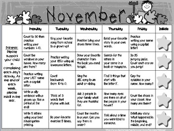 november homework calendar kindergarten