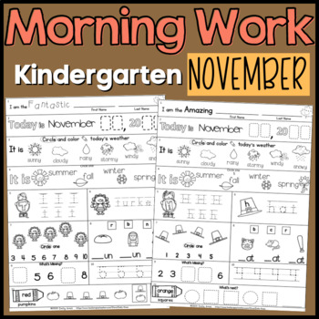 Preview of November Kindergarten Morning Work Math and ELA  PDF and Digital