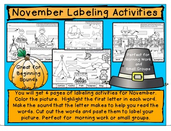 Preview of November Labeling Activities/Beginning Sounds Worksheet/Homework