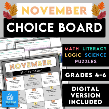 Preview of November Learning Choice Board - Month-Long Fun No-Prep Activity Options