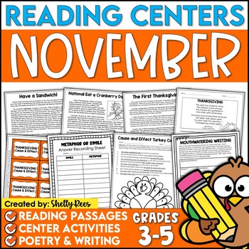 Preview of November Literacy Centers | November Reading Passages Veterans Day
