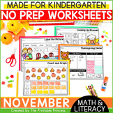 November Literacy and Math Worksheets for Kindergarten