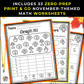 November Math Worksheets - Thanksgiving Math - Kindergarten and First Grade