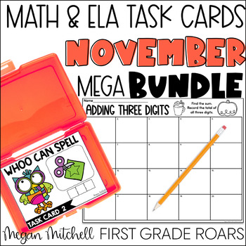 Preview of November Math & ELA Task Card Activities Centers, Fast Finishers, & Morning Tubs