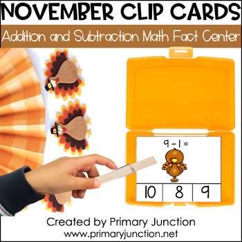 Preview of Math Facts Clip Cards Addition and Subtraction Within 10 November Math Centers