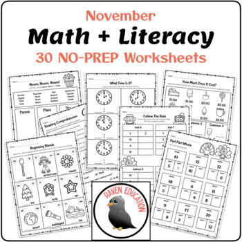 Preview of November Math & Literacy - 30 NO PREP Worksheets