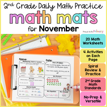 Preview of November Math Spiral Review Worksheets 2nd Grade -Fall Thanksgiving Morning Work