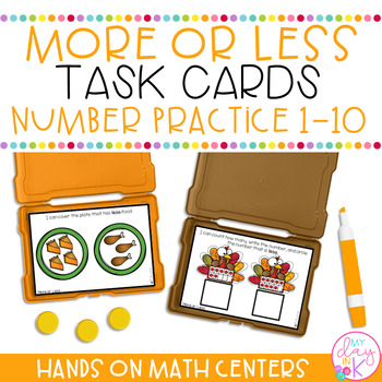 Preview of More or Less Task Cards | Kindergarten Math Centers | November & Thanksgiving
