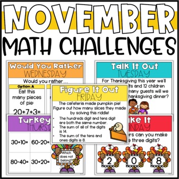 Preview of November Math Challenges for 2nd Grade - Thanksgiving Math Activities