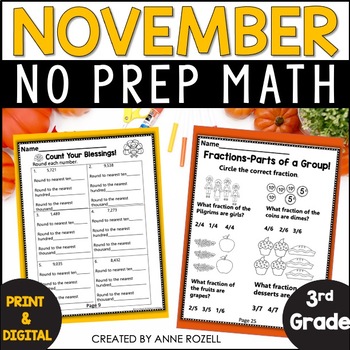 Preview of November Math Worksheets 3rd Grade