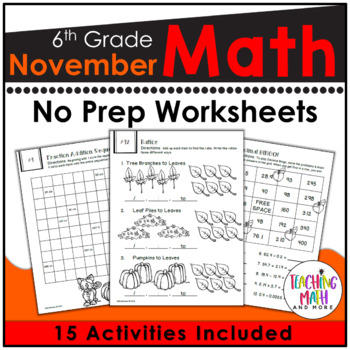 Preview of November Math Worksheets 6th Grade