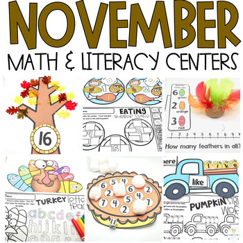 Preview of November Math and Literacy Centers for Kindergarten Thanksgiving Activities