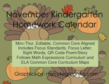 november homework calendar kindergarten